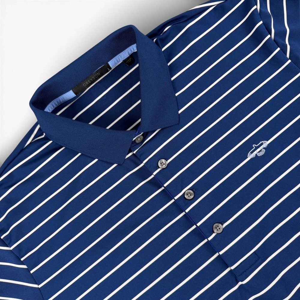 Greyson Polo Shirt Mens L‎ Navy Blue White Striped Golf Performance Stretch NWOT